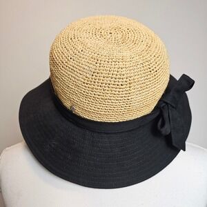 Helen Kaminski Raffia Natural Sun Hat Black Cotton‎ Brim Luxury BeachResort